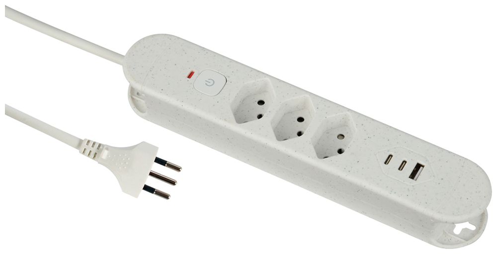 Prise multiple Re:Life 10A avec interrupteur EN/HORS 3×T13 3×USB 1.8m blanc