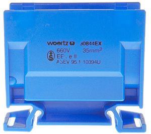 Abzweigklemme Woertz Ex 16…35mm² 125A 750V Schraubanschluss 2×1 TH35 blau