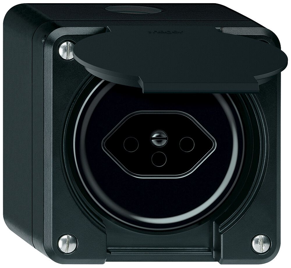 Presa AP robusto 1×T13 10A 250V 86×86mm IP21 nero