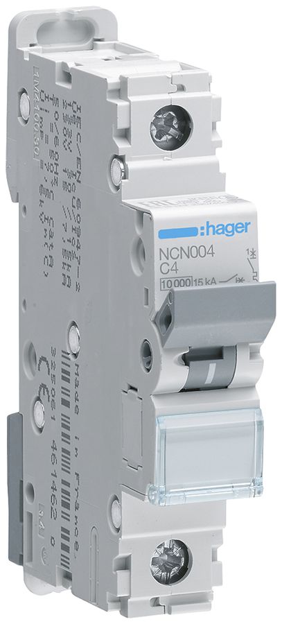 Disjoncteur Hager MCB 1P 230V type C 4A Icn 10kA 1UM