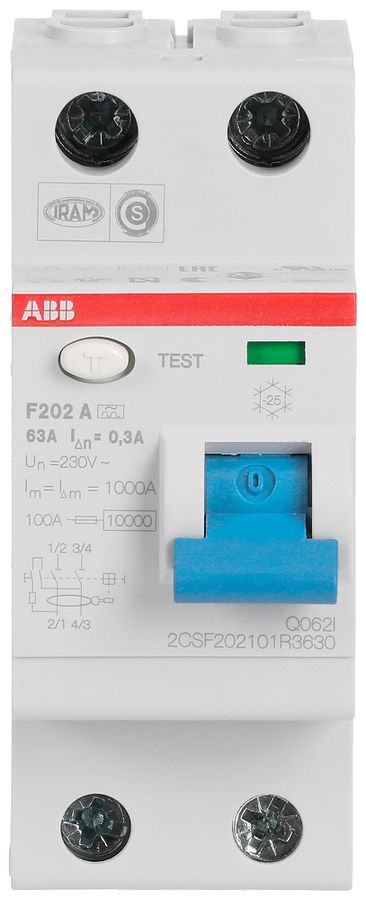 Fehlerstromschutzschalter ABB 300mA 63A 1P+N F202A-63/0.3