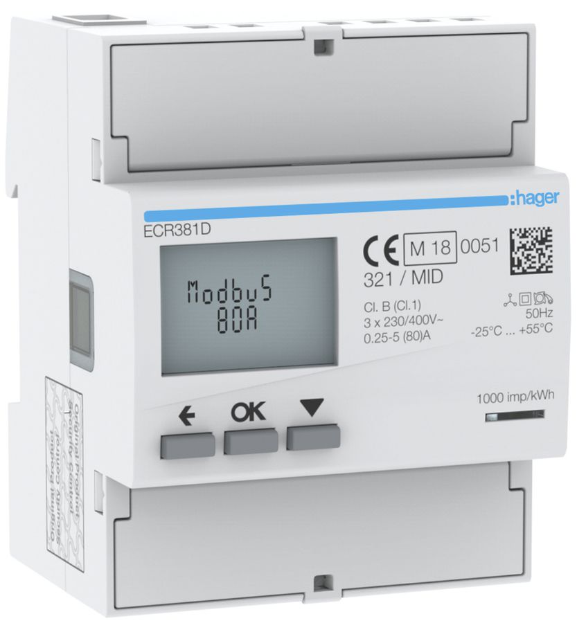 Compteur d'énergie AMD HA ECR381D 3P direct 80A Modbus MID import+export 2T+8T