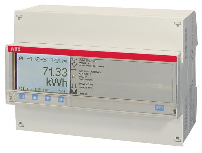 REG-Energiezähler ABB iBus A44 353-100, 3×6A Silber 2DI/2DO M-Bus