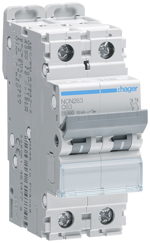 Disgiuntore Hager MCB 2P 415V tipo C 63A Icn 10kA Icu 15kA 2UM