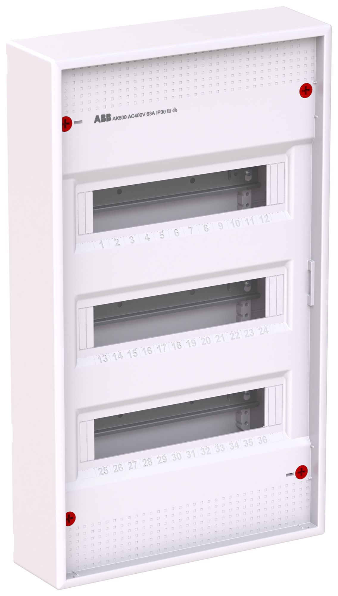Distributore AP ABB AK636N3, 3 file, 36UM, 578×339×99mm, bianco