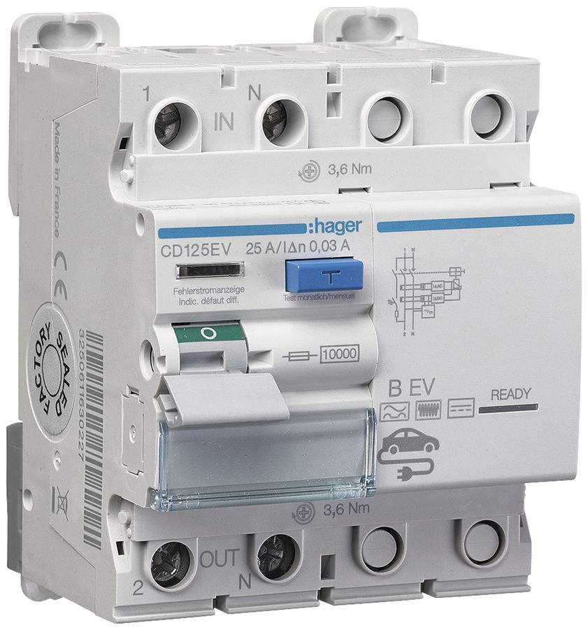 Fehlerstromschutzschalter Hager 1P+N 10kA 25A 30mA Typ B EV 4TE