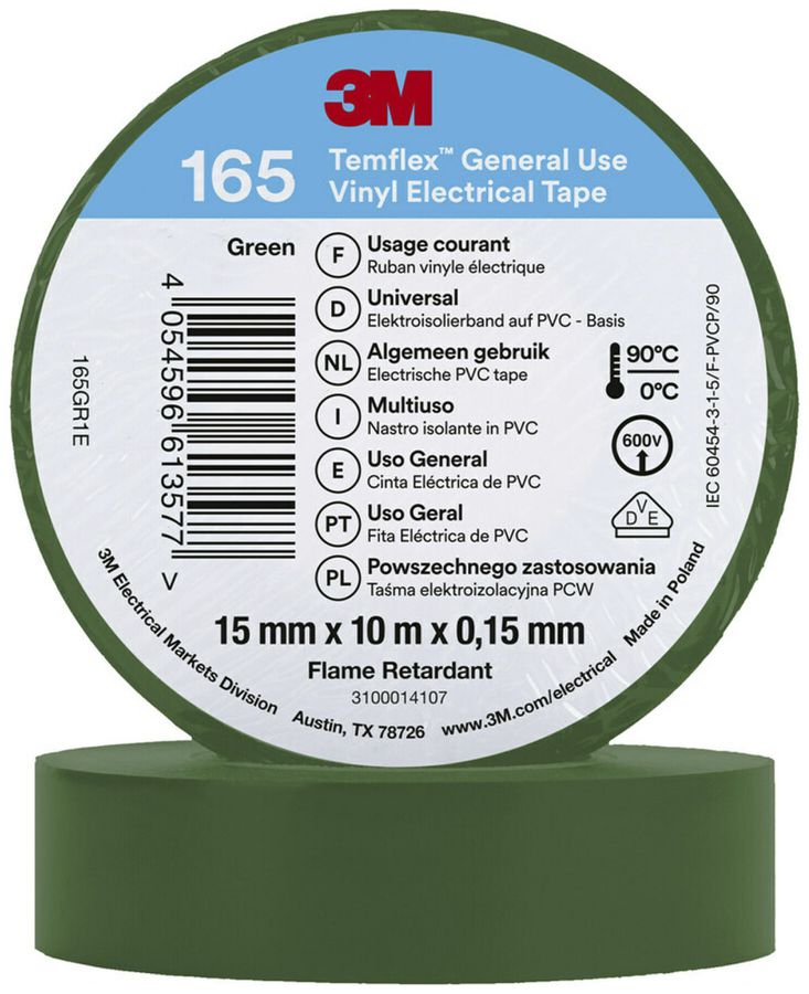 Ruban isolant 3M Temflex 165 15mm×10m×0.15mm vert VDE 600V 0…90°C