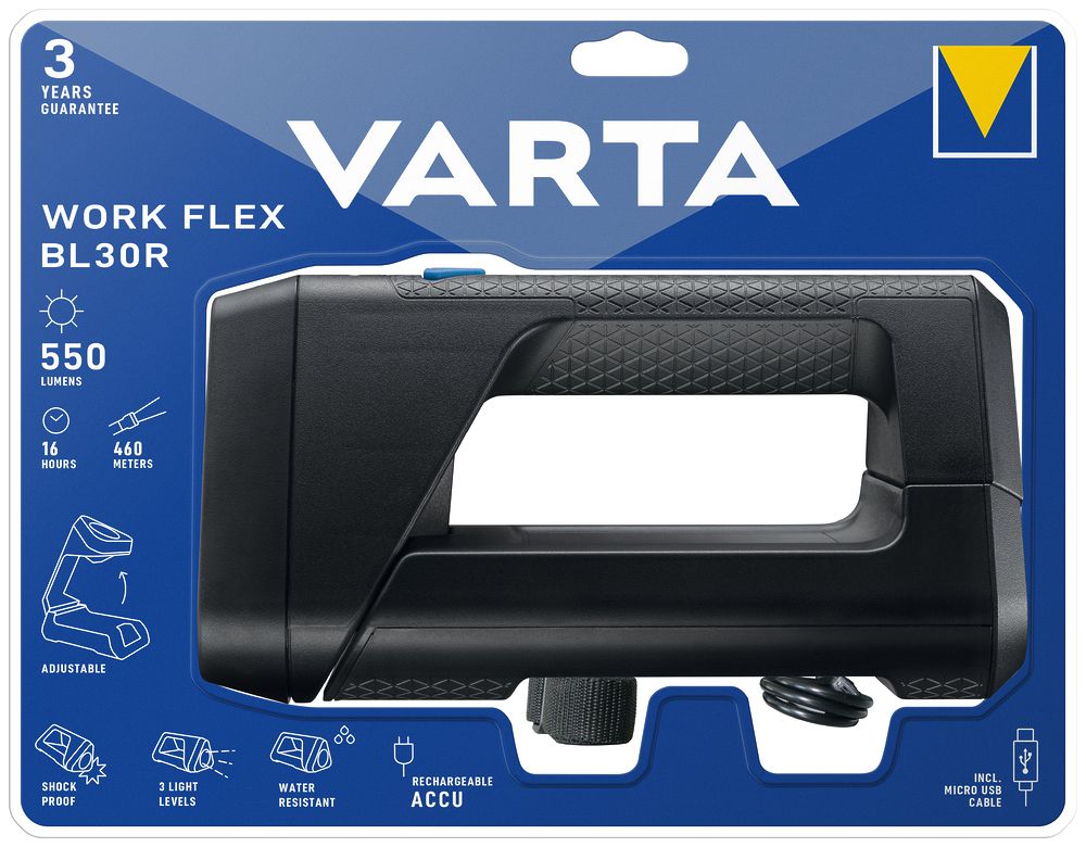 Lampe de poche LED VARTA Work Flex BL30R 550lm, avec accu via USB, 16h, IPX4