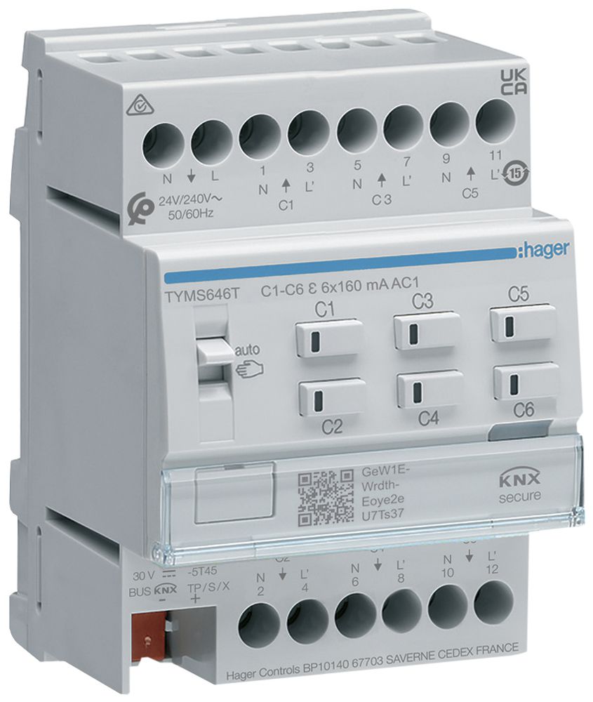 Attuatore di riscaldamento KNX Secure AMD Hager 6-volte 24/230V, triac