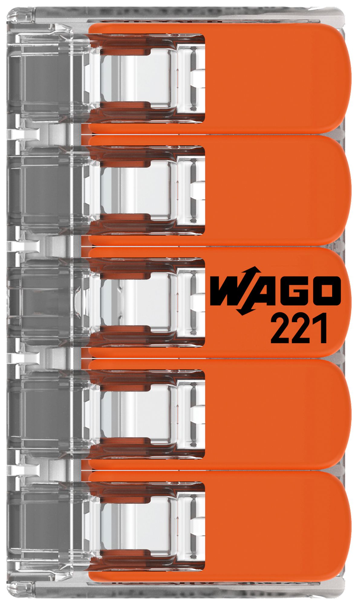 Borne de connexion WAGO 221 5×0.2…4mm² levier 32A 450V orange transparent