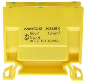 Borne de dérivation Woertz Ex 6…16mm² 76A 750V vis 2×1 rail DIN 35mm vert/jaune