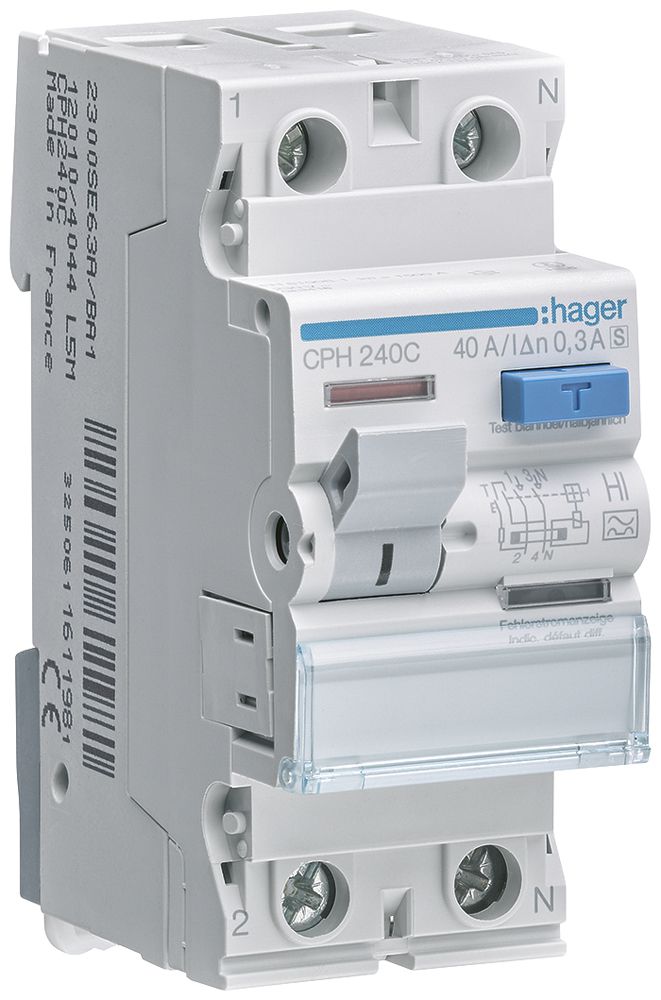 Fehlerstrom-Schutzschalter Hager RCCB (RCD) 2P 230V 0.3A Typ A HI 40A 2TE