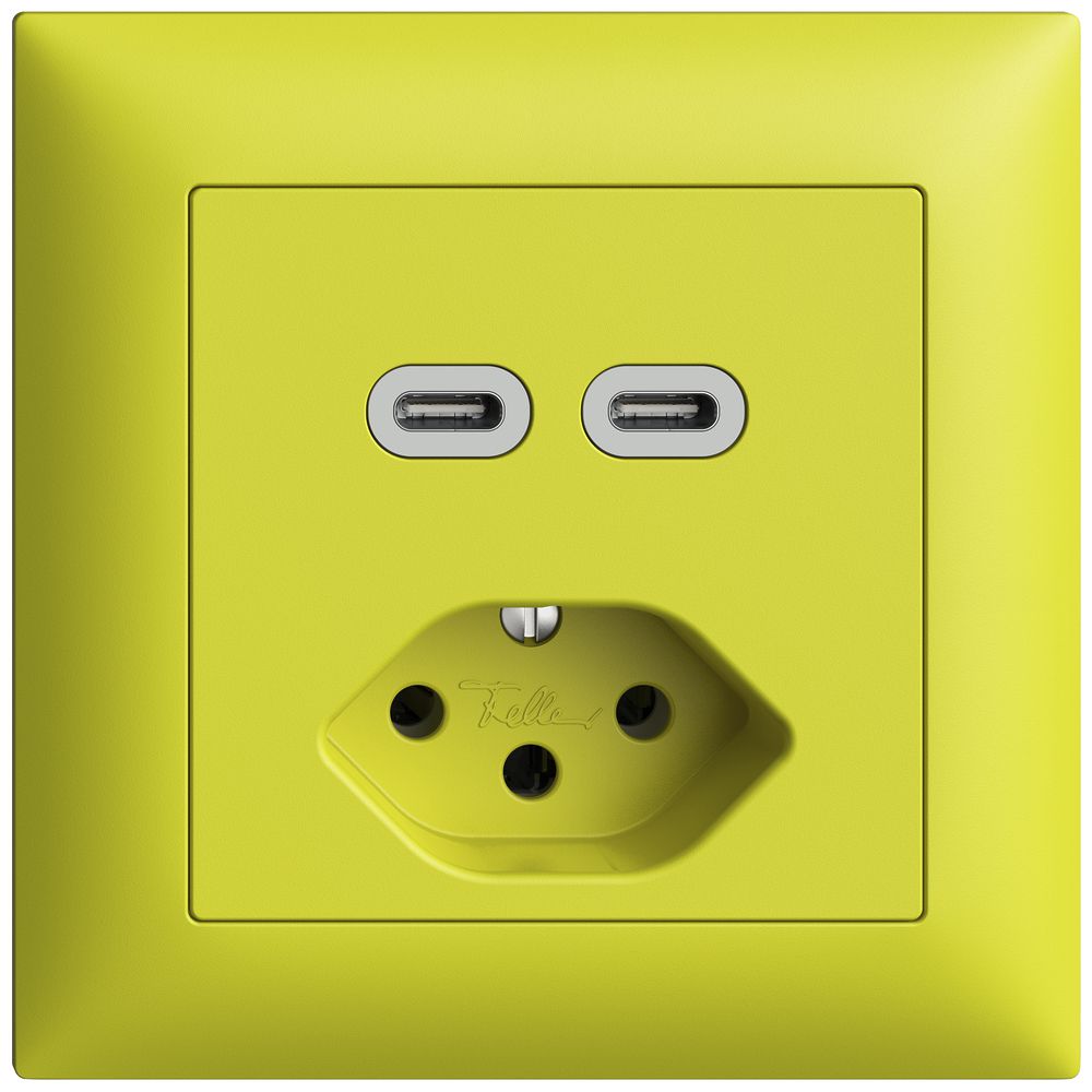 Prise ENC USB 2×type C + type 13 Feller EDIZIOdue FMI 230V 3000mA lemon