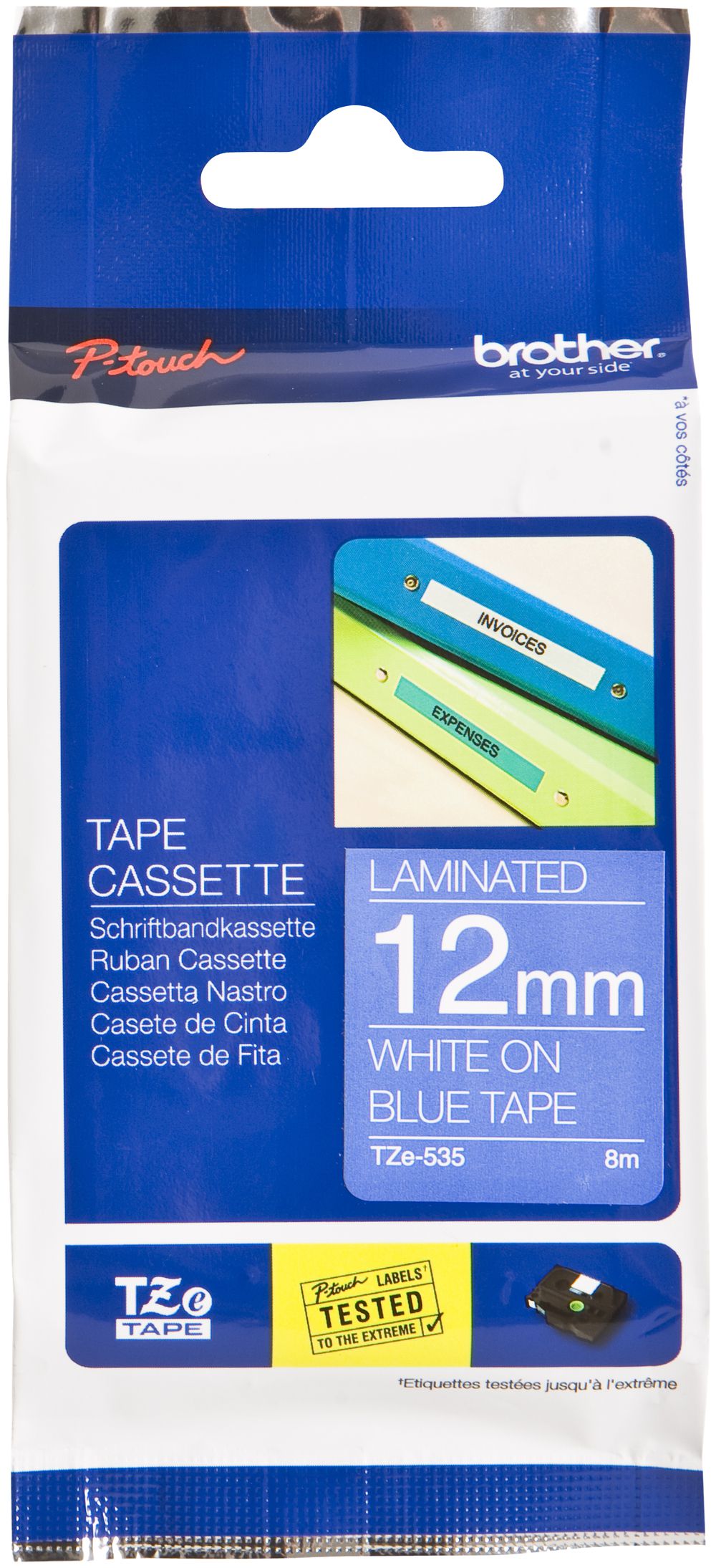 Cassette ruban Brother TZe 12mm×8m, bleu/blanc