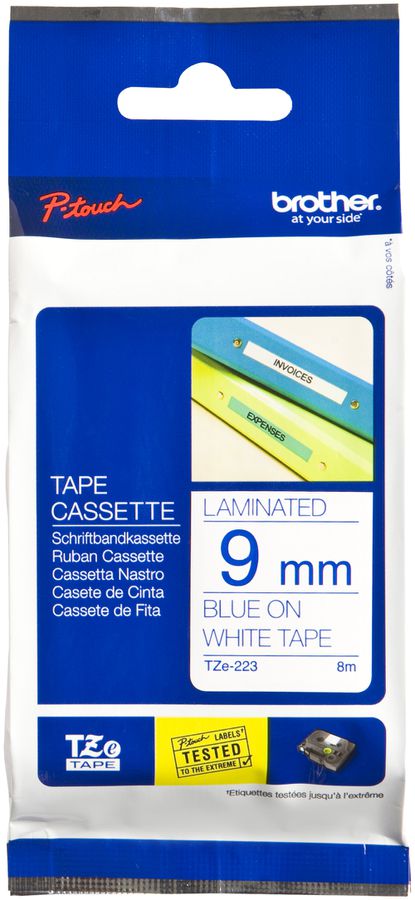 Cassette ruban Brother TZe-223 9mm×8m, blanc/bleu
