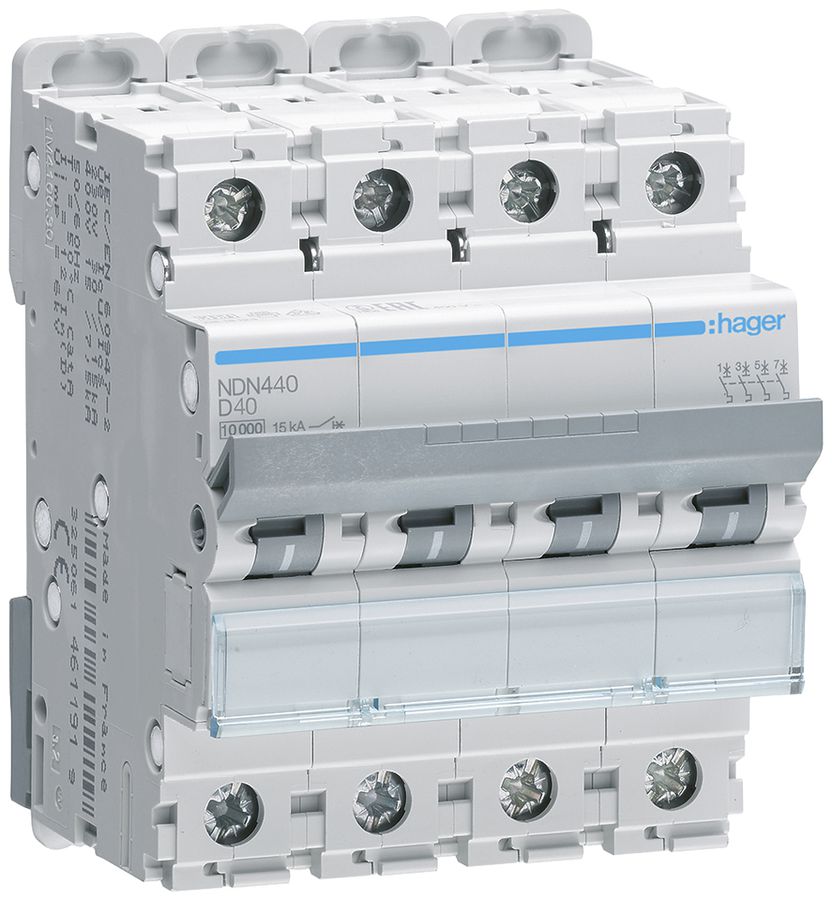 Leitungsschutzschalter Hager MCB 4P 415V Typ D 40A 10kA Icu 15kA 4TE