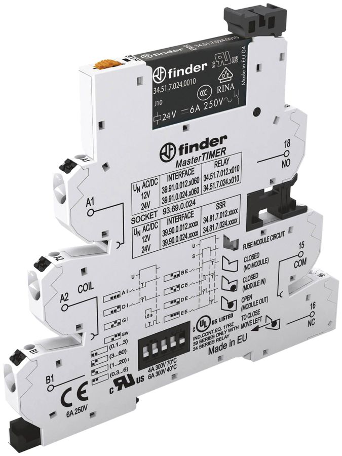 Relais couplage AMD Finder 39 Maste RTIMER, 1F 6A/24VUC SSR bornes Push-In