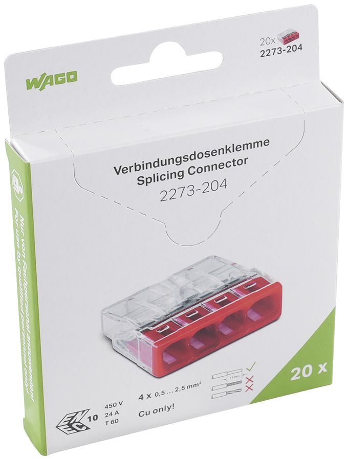 Borne de connexion WAGO 2273-204 en blister 20 pièces 4L 0.5…2.5mm² 24A 450V