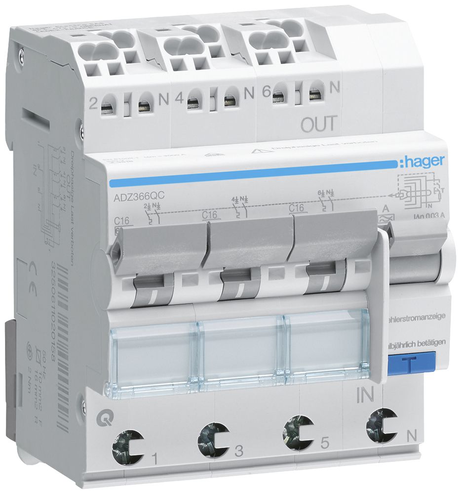 FI/LS-Schalter Hager RCBO QC 3P+N 230V Char.C 16A 0.03A Typ A 6kA 4TE