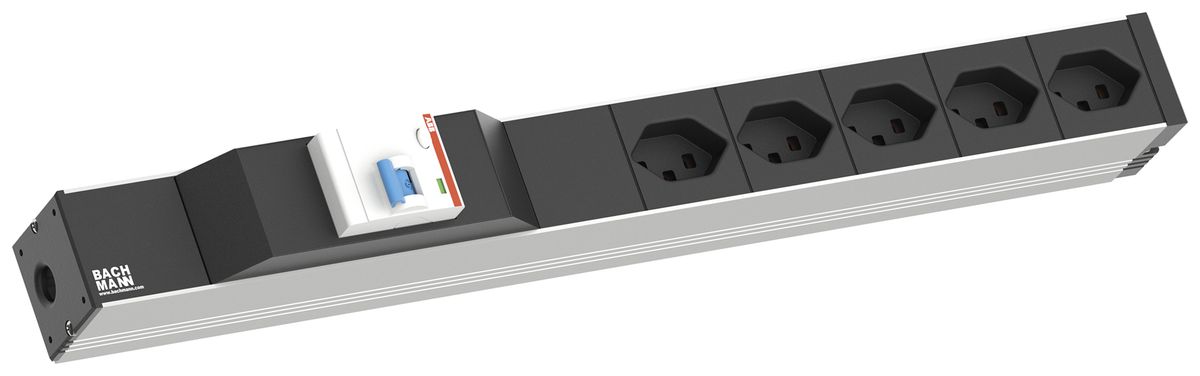 Steckdosenleiste 19" BACHMANN 5×T23 3m mit FI-Schutzschalter 1HE schwarz