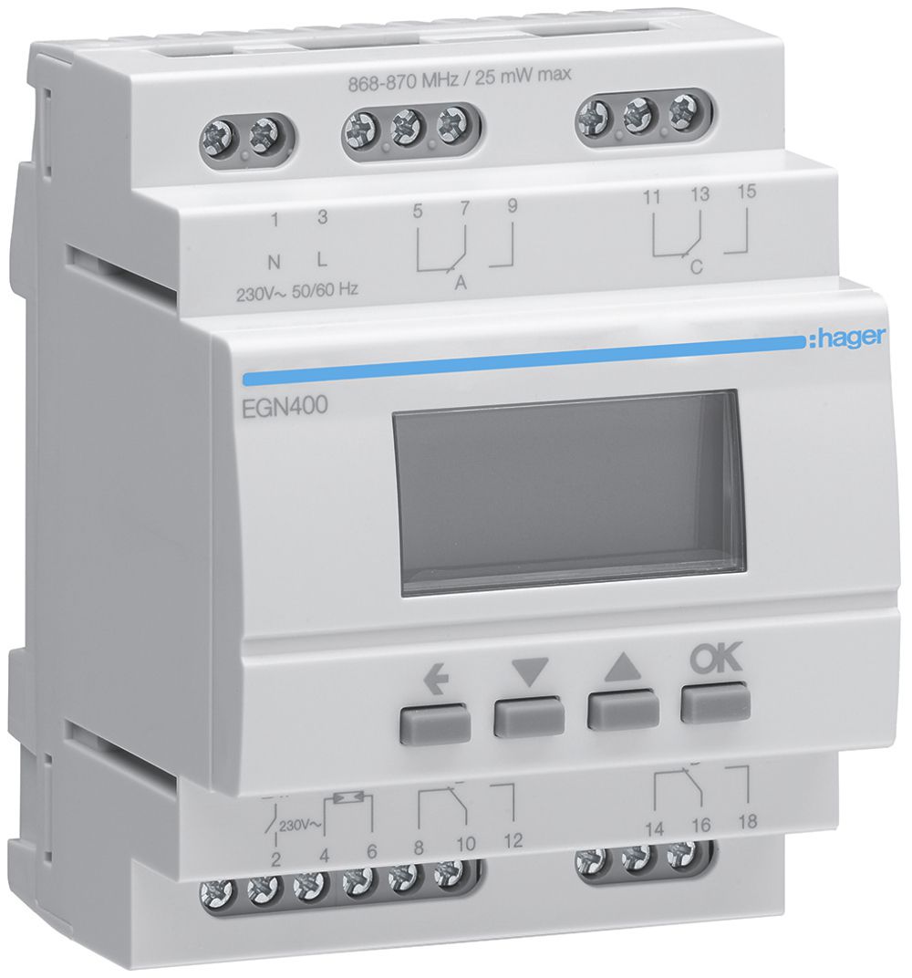 Schaltuhr Hager digital multifunktional 4 Kanäle Bluetooth 4 Wechsler 16A 2 TE