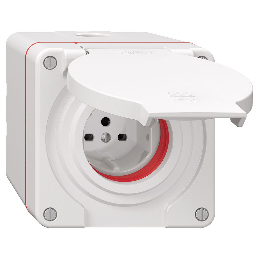 NAP-Steckdose NEVO, 1×T15, IP55 gemäss SN 441011, m.roter Dichtung, weiss