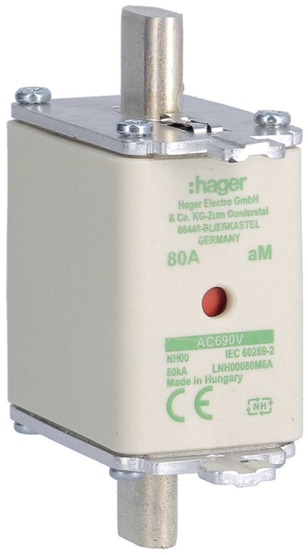 Fusible HPC Hager DIN00 690VAC 80A aM avertisseur double inoxydable