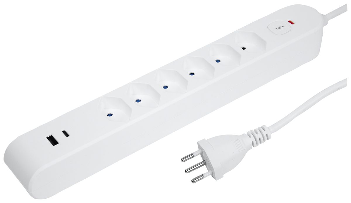 Prise multiple Steffen STEBA IQ 6×T13 1×USB-A 1×USB-C PD 3m blanc
