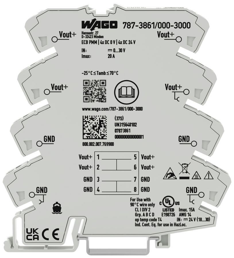 Distributore di potenziale WAGO guida DIN 35 mm 4P 24V 20A