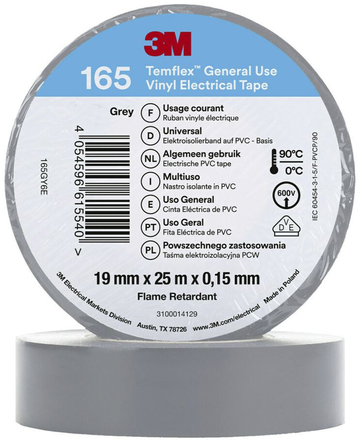 Ruban isolant 3M Temflex 165 19mm×25m×0.15mm gris VDE 600V 0…90°C