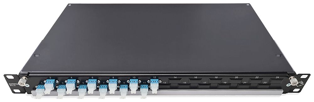 Coffret d'épissure 19" Dätwyler OV-CH 12×LCD/PC bleu OS2 décalé 1UH noir