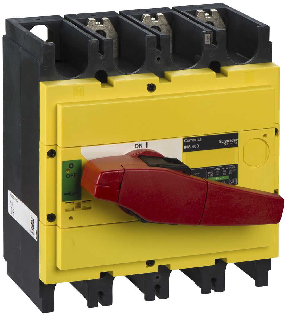 Interuttore di carico Schneider INS 3L 400A con maniglia rotativa rosso/giallo