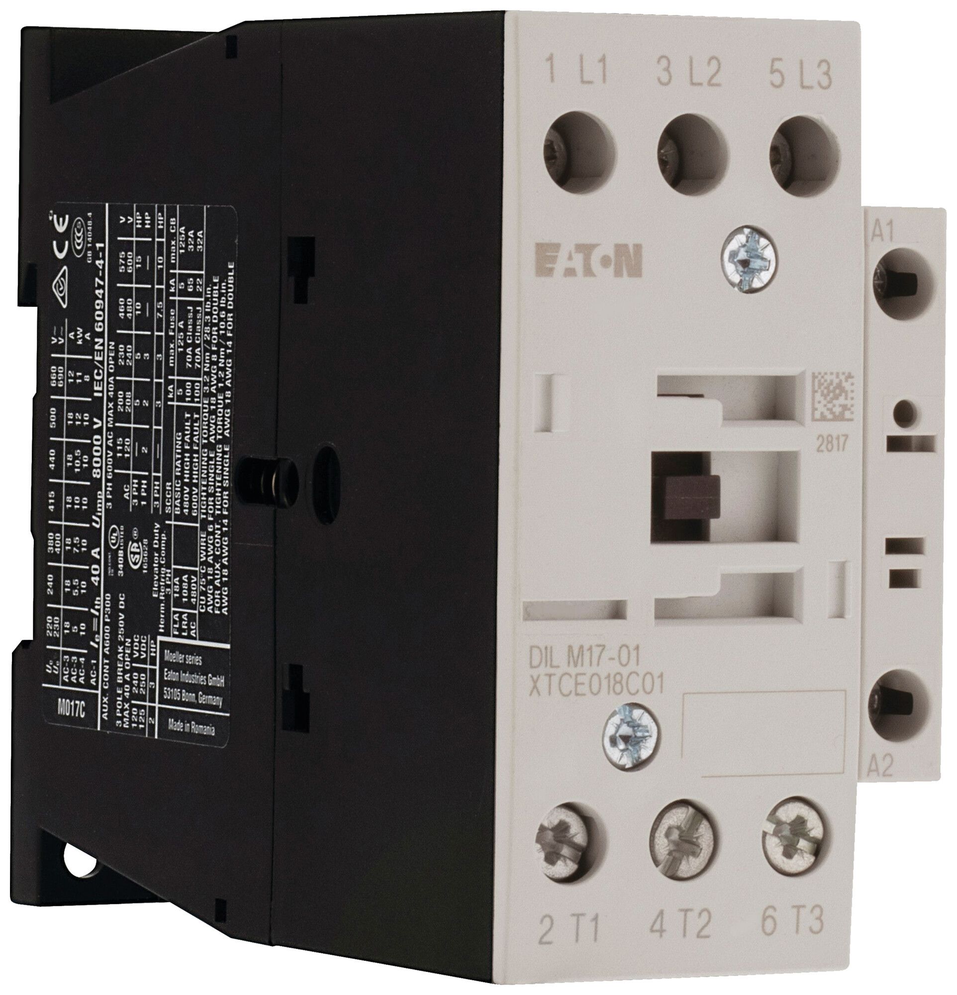 Contattore di potenza Eaton DILM17-01 24V AC 3NO 40A 18A 7.5kW 4.5kW 24…690V
