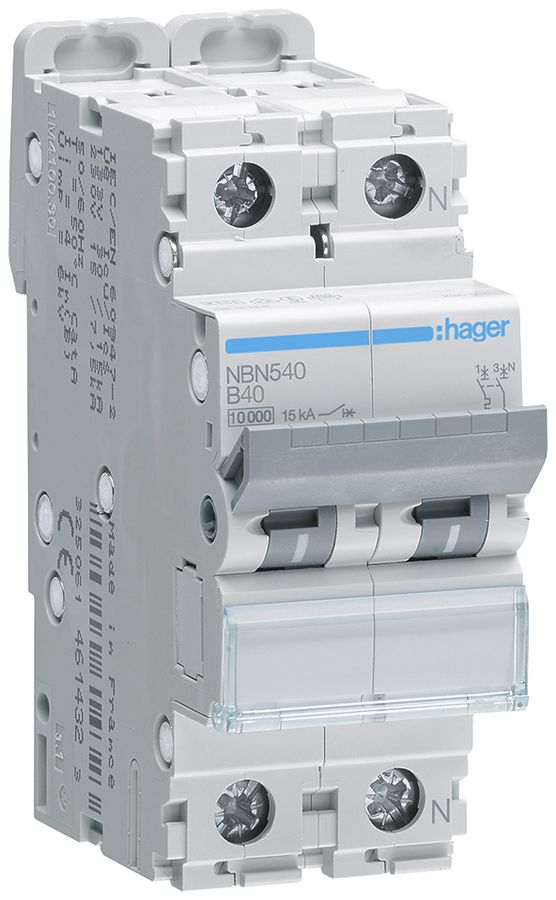 Leitungsschutzschalter Hager MCB 1P+N 415V Typ B 40A Icn 10kA Icu 15 kA 2TE