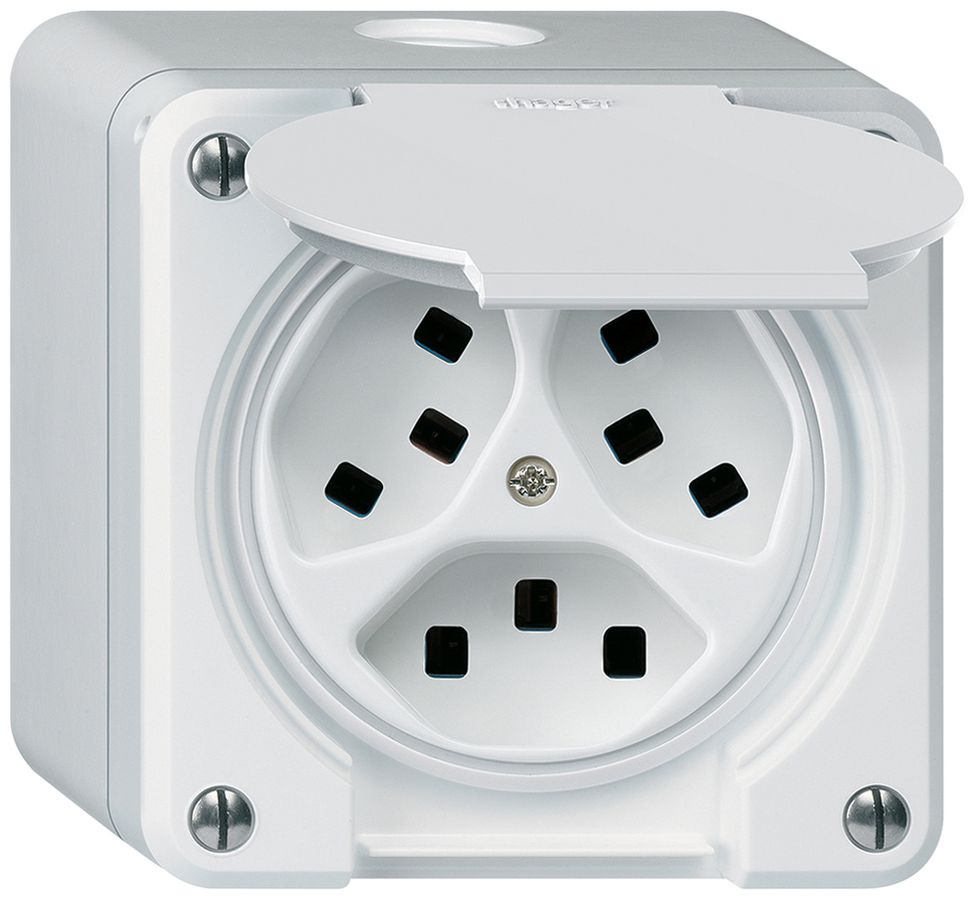 Prise AP Hager robusto, 3×T23, avec clapet Q, blanc