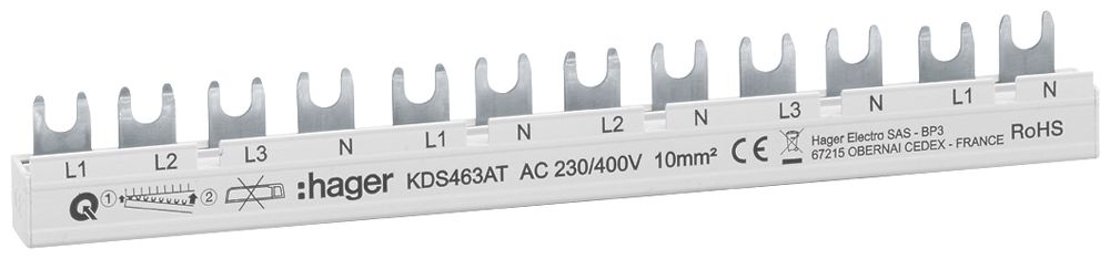 Kammschiene Hager quickconnect 4P 3L Gabel 10mm² 63A 215×5mm weiss
