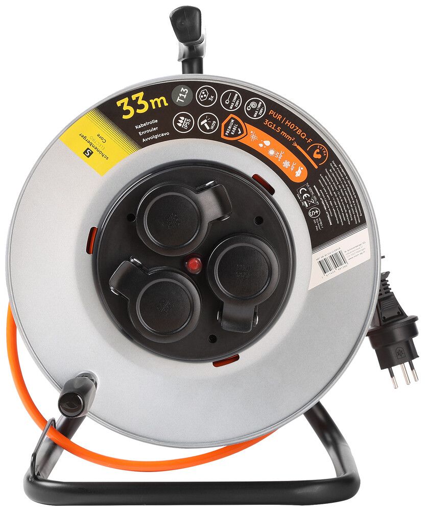 Kabelrolle Schönenberger Stecker:T13 Steckdose:3×T13 33m IP55 Silber