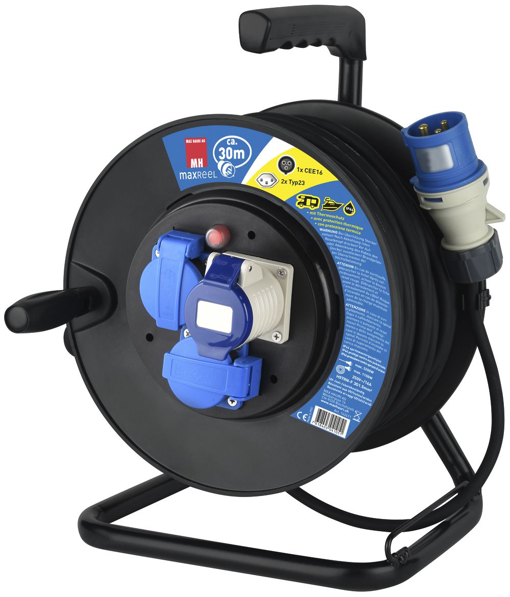 Enrouleur de câble MH 1×CEE 16 bleu 2×type 23 230V H07RN-F3G1.5mm² 30m IP44 noir