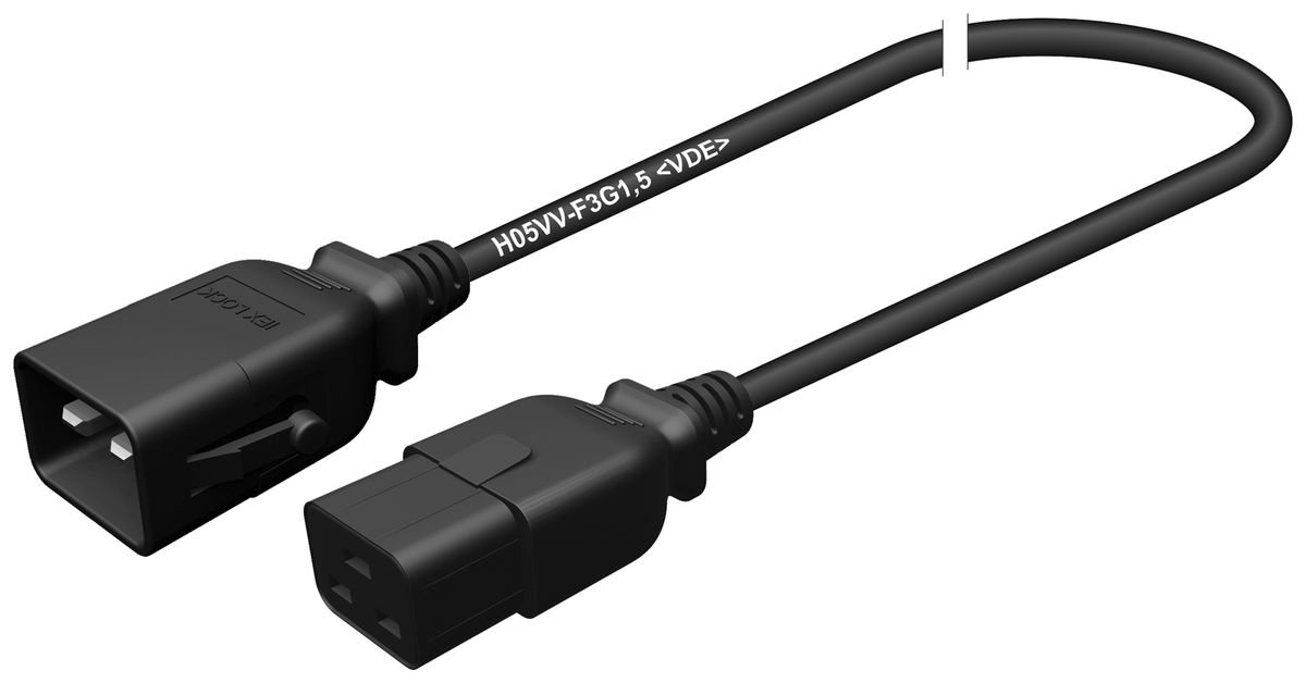 Apparatekabel Stecker C20 Buchse C19 verriegelt 3×1.5mm² 250VAC/16A schwarz 2m
