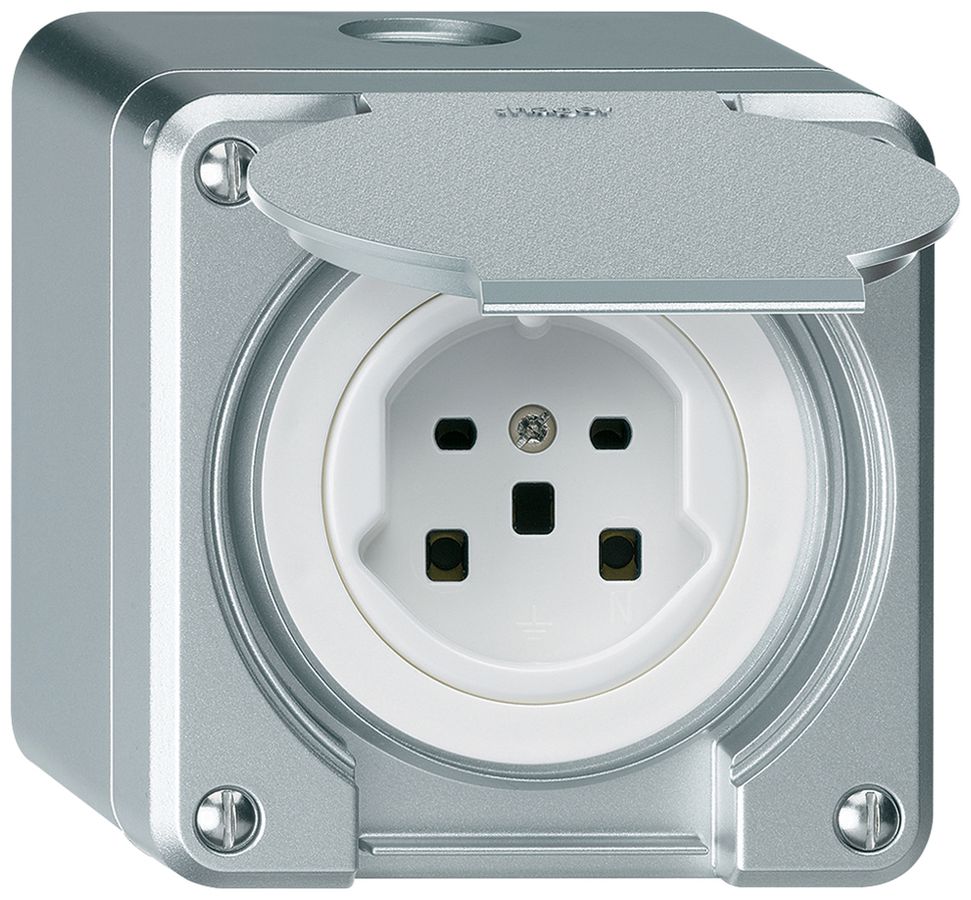 AP-Steckdose HA robusto Typ 25 mit Steckklemmen mit Klappdeckel aluminium