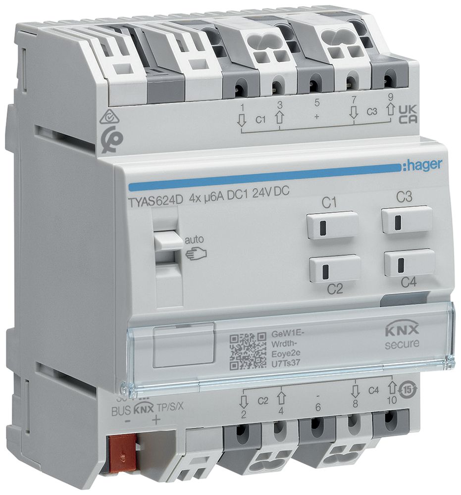 REG-Jalousieaktor KNX Hager 4 Ausgänge 6A 1380W 24VDC IP20 4TE