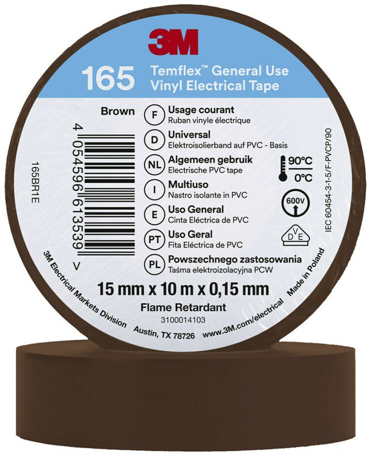 Ruban isolant 3M Temflex 165 15mm×10m×0.15mm brun VDE 600V 0…90°C