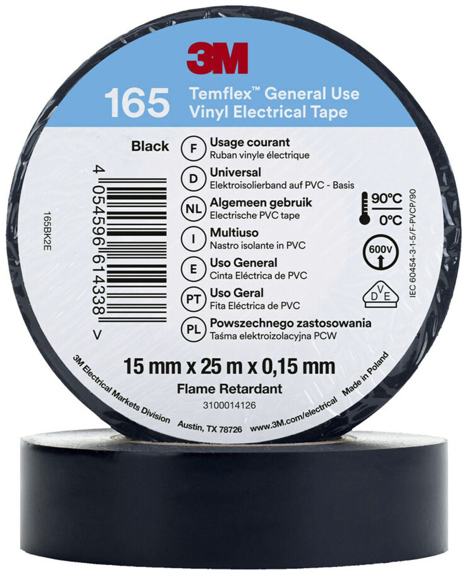 Ruban isolant 3M Temflex 165 15mm×25m×0.15mm noir VDE 600V 0…90°C