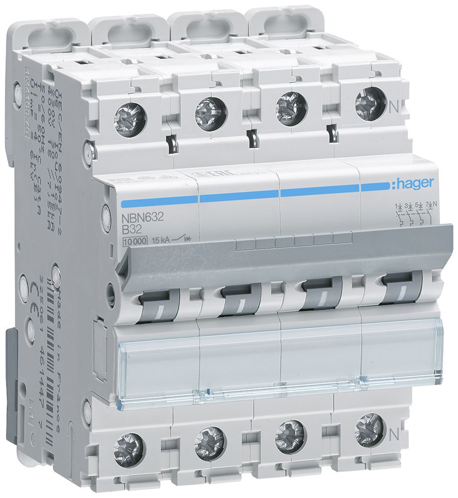 Leitungsschutzschalter Hager MCB 3P+N 415V Typ B 32A Icn 10kA Icu 15 kA 4TE
