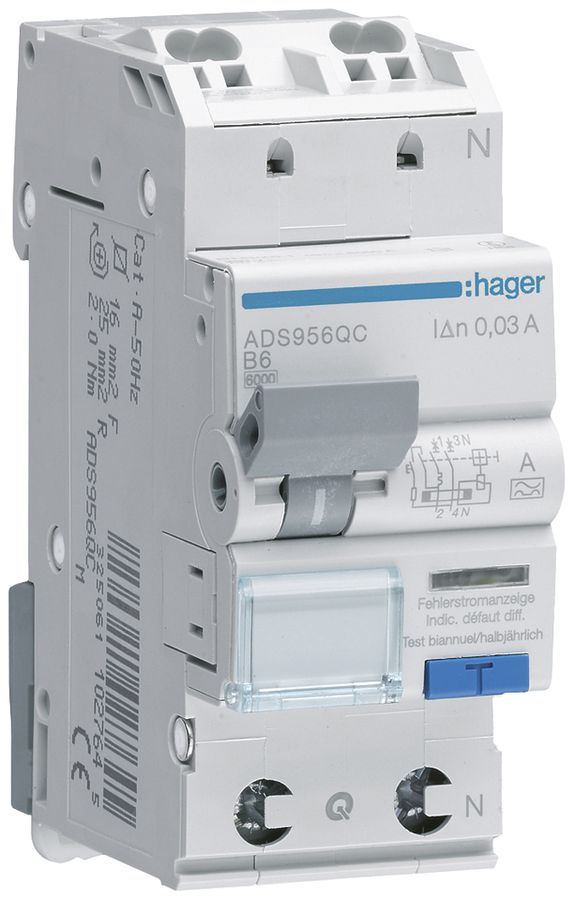 FI/LS-Schalter Hager RCBO QC 2P 230V Char.B 6A 0.03A Typ A 6kA 2TE