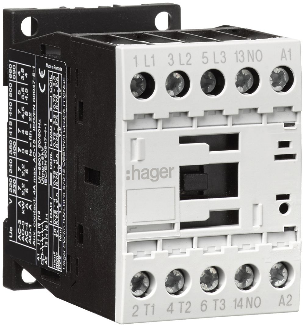 Leistungsschütz Hager 3P+1 Schliesser 15.5A bei AC-3 Spulenspannung 24VAC