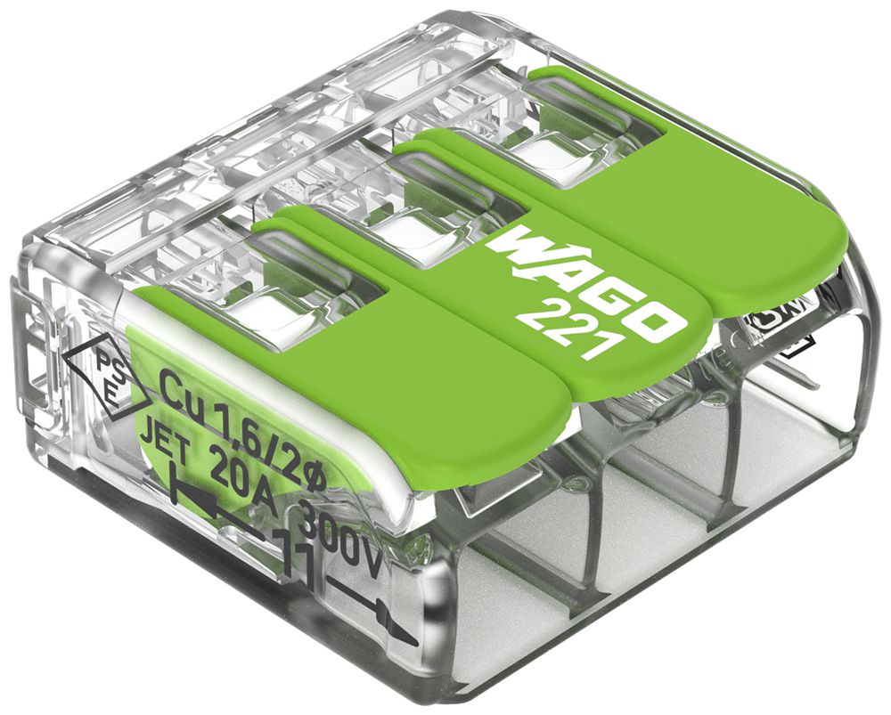 Dosenklemme WAGO 221-423 mit Hebel in Box 50×3L 0.2…4mm² 32A 450V grün