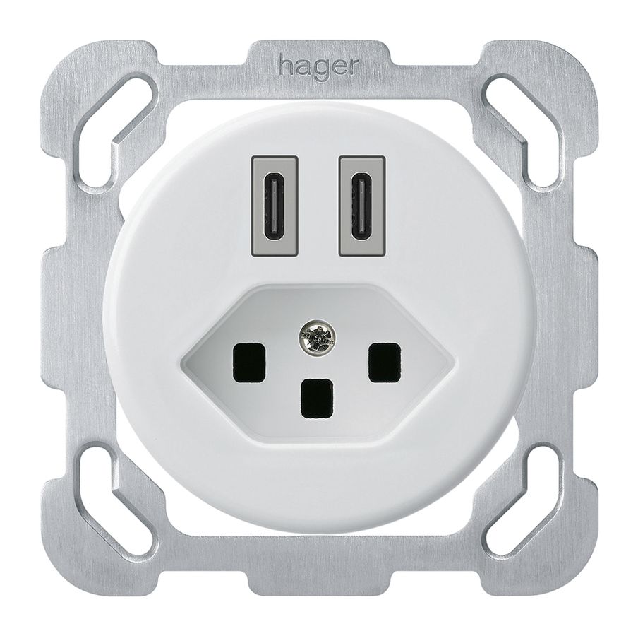 Prise de charge USB ENC Hager basico C-C 20W+T23 5V 77×77mm blanc