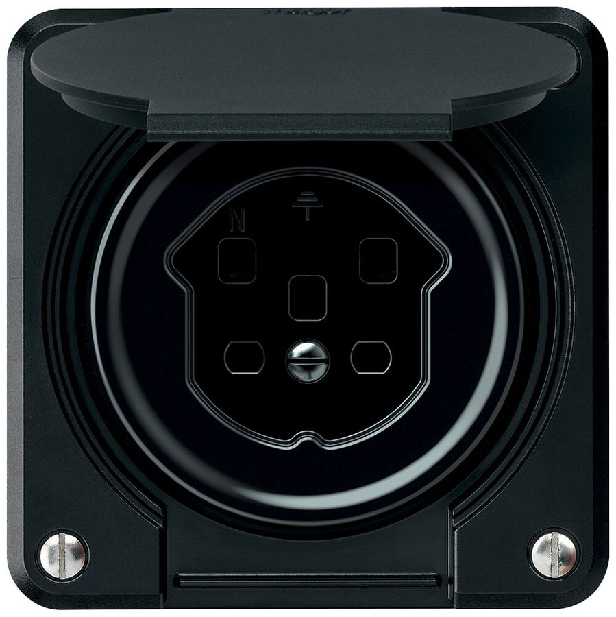 Presa robusto 1×T25 16A 400V 86×86mm IP21 nero