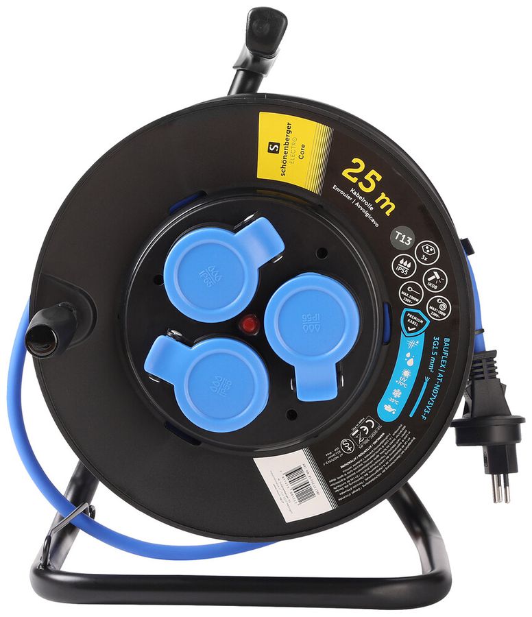 Kabelrolle Schönenberger Stecker:T13 Steckdose:3×T13 25m IP55 schwarz